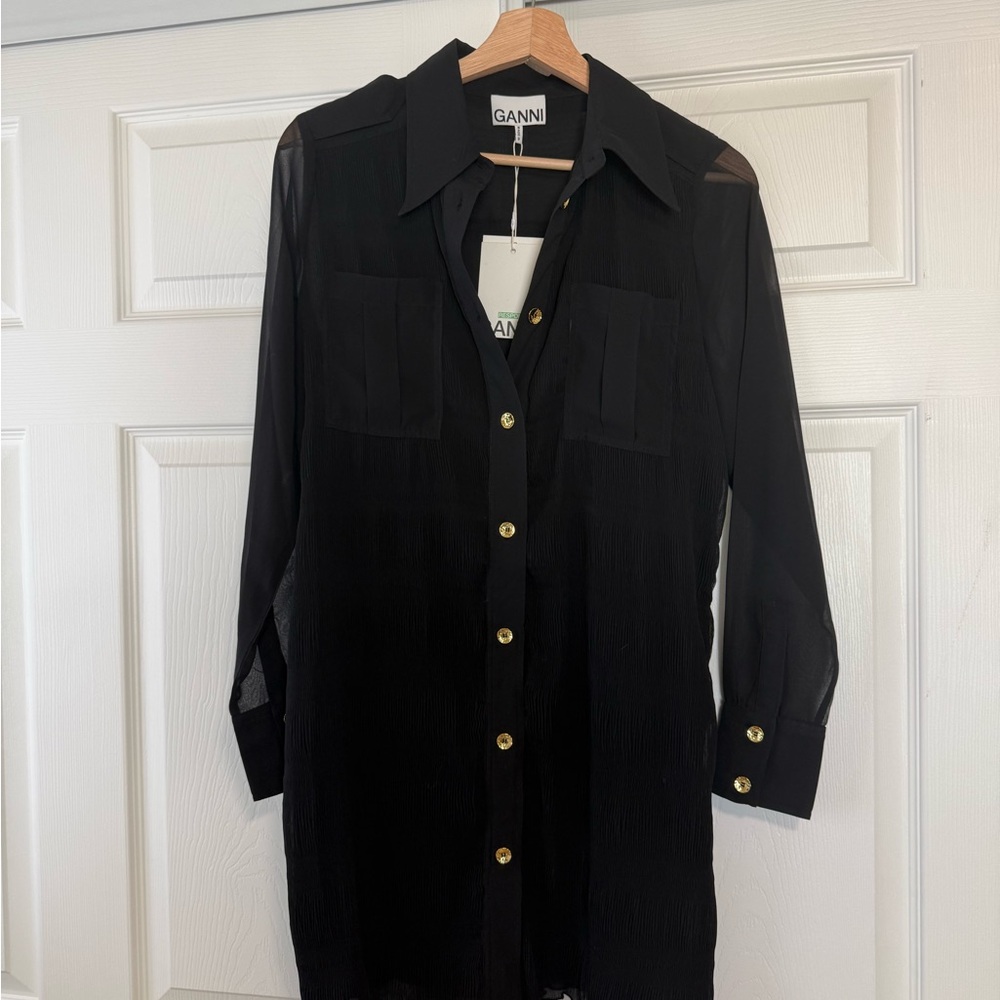 Ganni Black Sheer Dress with Gold Buttons